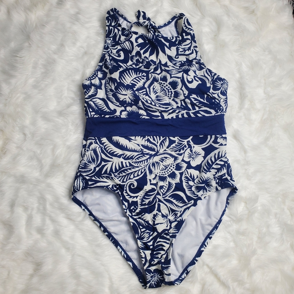 Chaps Floral One Piece Swim Suit Size Large Blue with White